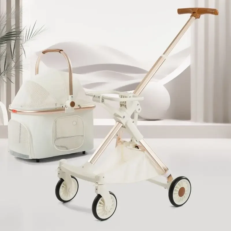 Lightweight White High View Pet Stroller Dog and Cat Stroller One Piece Storage Pet Strollers
