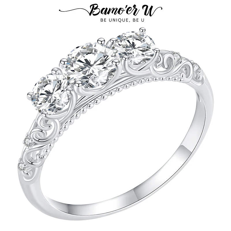 Bamoer U Moissanite Lace Ring 925 Sterling Silver 3-Stone Lotus Ring D Color Vvs1 Ex Sparkling Diamond Per Le Donne Fidanzamento Gra