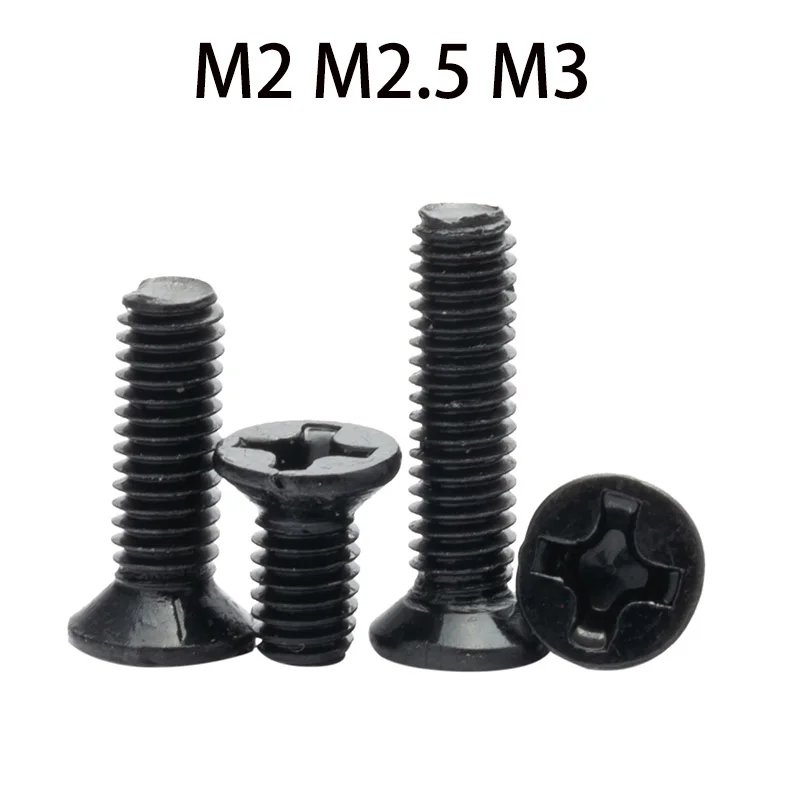 200pcs Black Countersunk Head Screw Phillips Cross Flat Head Small Screws Carbon Steel M2 M2.5