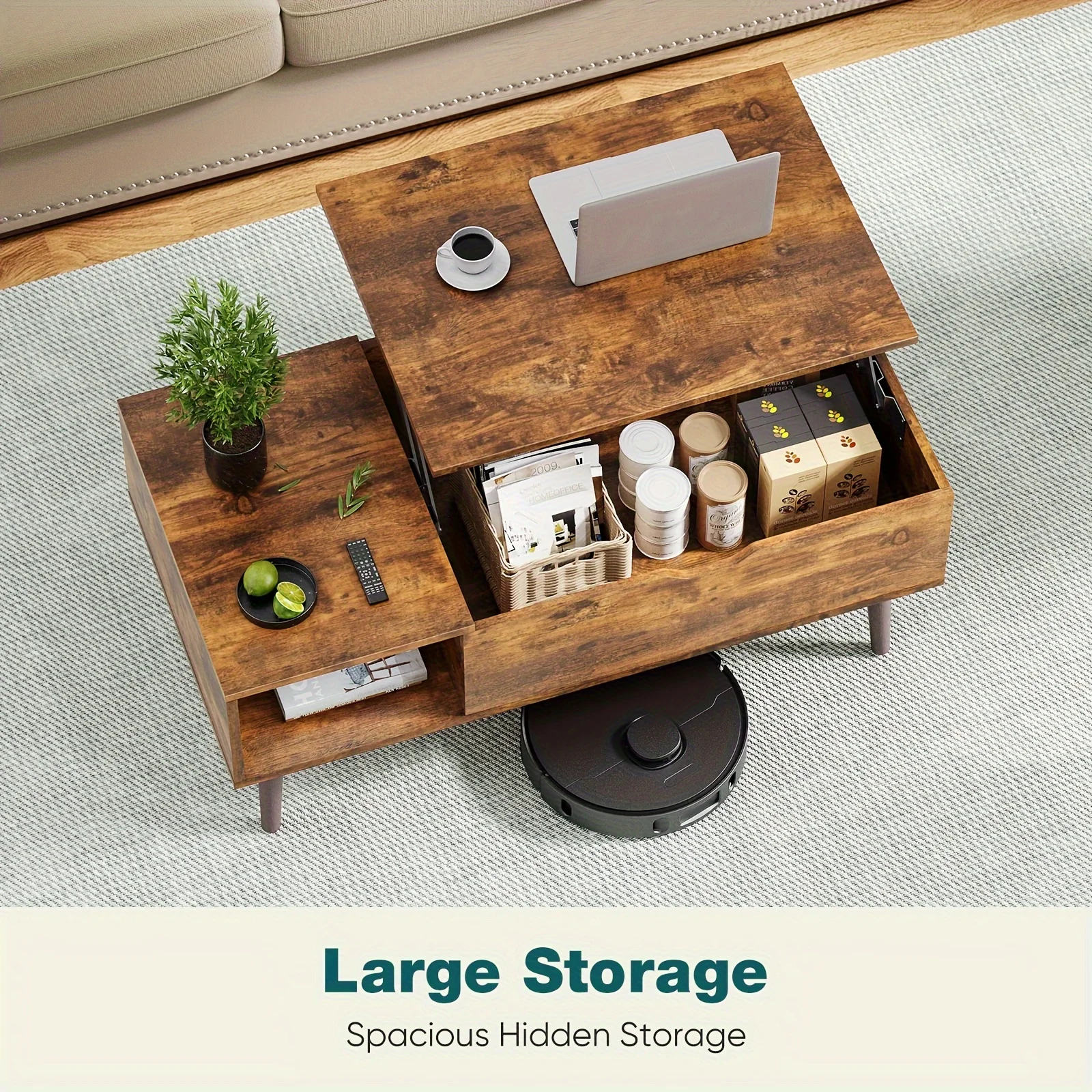 Rustic Wood Lift- Top Coffee Table with Hidden Storage, Adjustable Shelf,