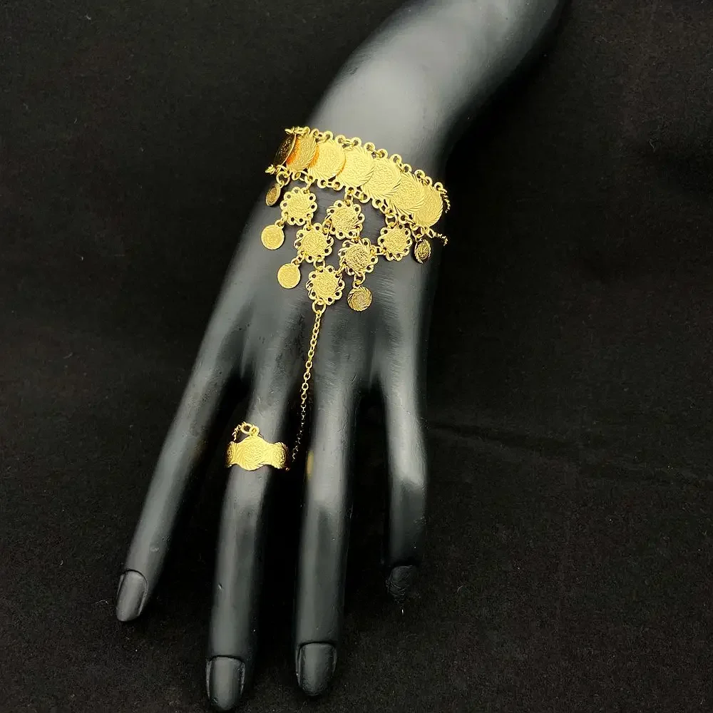 

Ruixi Fashion Middle East Muslim Africa Dubai Gold Coin Round Engraving Set Open Ring Bracelet Women's Birthday Gift Party