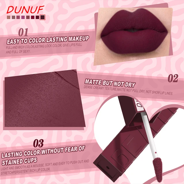 DUNUF Matte Velvet Lip Gloss, 3D Plumping & Waterproof, Square Tube Lipstick, Easy Application, 8 Shades (All-in-One)