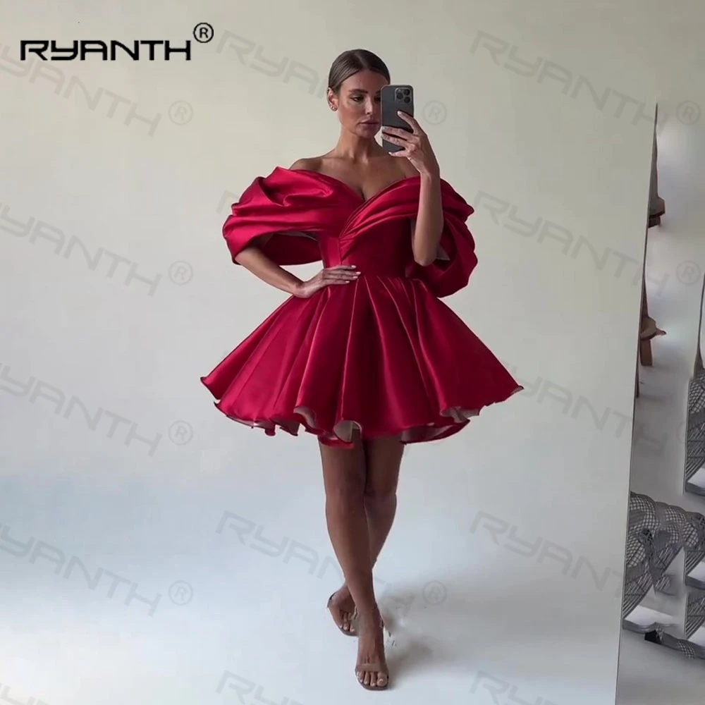 

Red Stain Mini Prom Dresses Off Shoulder Back Lace Up Ball Gown A Line Homecoming Cocktail Dresses for Celebrate Prom Gowns 2023