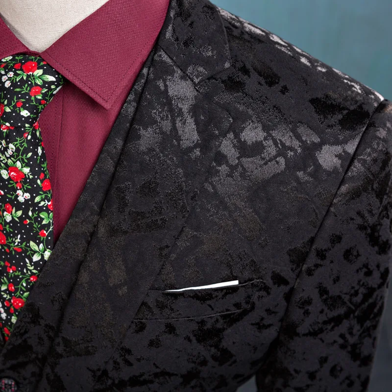 Boutique Jacquard Men's Suit Black Blue Single Breasted Wedding Banquet High Quality Male Jacket 3 Piece Set (Blazer+Vest+Pants)