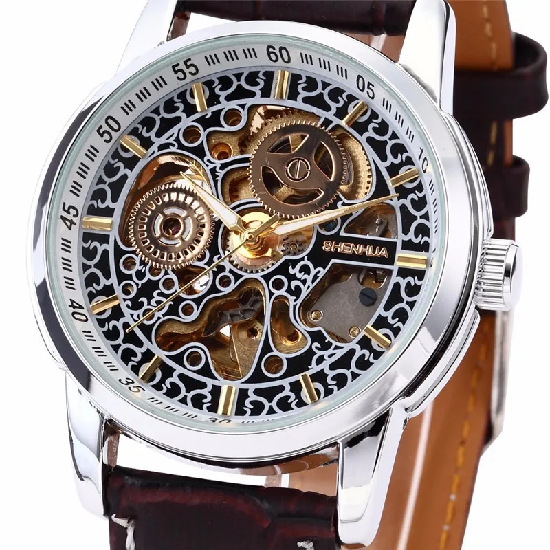 

Fashion Vintage Watch Men Skeleton Watches Shenhua Leather Band Automatic Mechanical Wristwatches Relogio Masculino Reloj Hombre