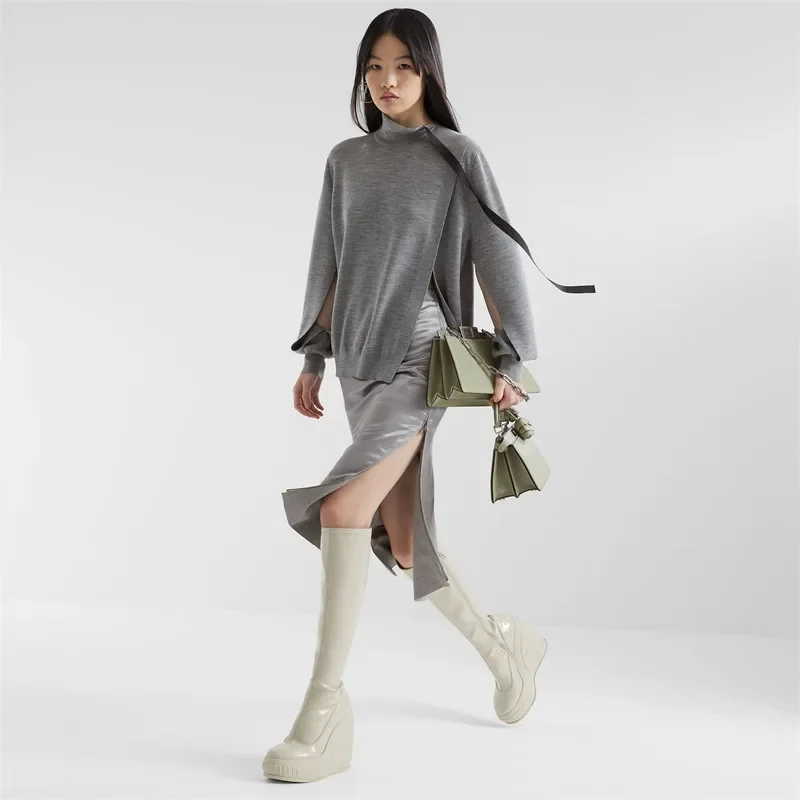 2024 Spring New Slope Heel Thick Bottom Round Toe High Heel Boots Fashion Sexy Cross-border Women's Plus Size Knee-high Boots