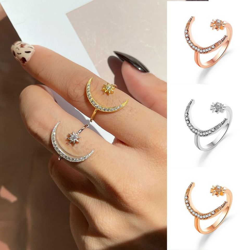 Fashion Silver Color Gold Star Moon Opening Rings For Women Shine Crystal Rhinestone Flower Wedding Party Jewelry
