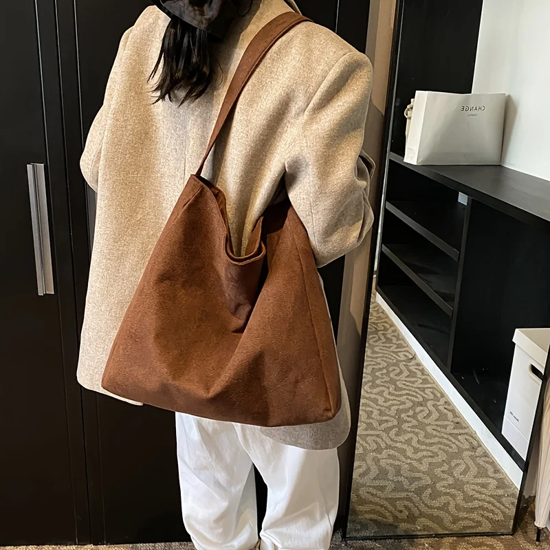 Vintage Soft Faux Suede Handbag Magnetic Clasp Fixed Strap, Machine Washable Tote Bag for Women's Work, Travel, Shoulder Purse