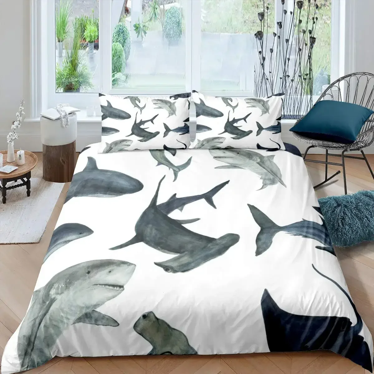 Shark Fish Print Duvet Cover Set Cute Underwater Animals Luxury Soft Bedding Set Children Teens Adults Blue Comforter Cover Sets