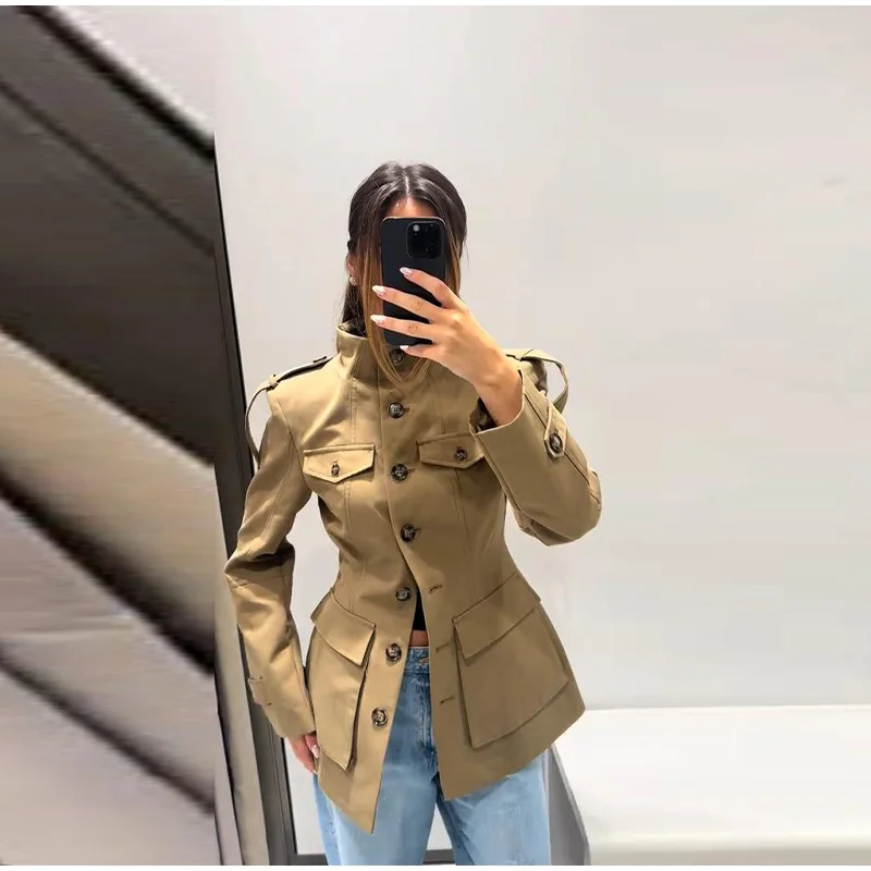 Pocket Stand Collar Long Sleeves Jacket Woman Single Breasted Solid Color Waist Cinching Jackets Versatile Women's New Jackets 7 Sd4e7fc38f0c140be978b9682e7556f86D