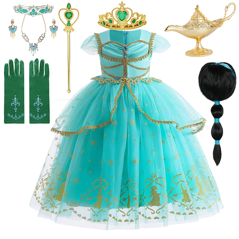 

Disney Summer Girls Cosplay Aladdin Magic Lamp Jasmine Princess Dress Halloween Birthday Party Fantasy Costume Ball Gown