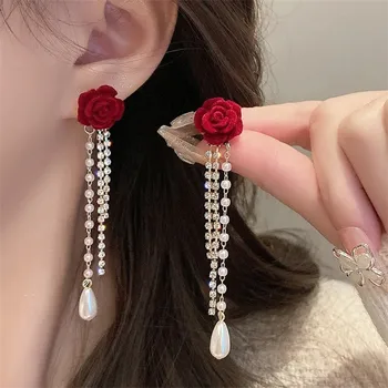 925 Silver Needle Red Flocking Flower Pearl Tassel Earrings For Women Jewelry 2025 Trending Luxury Long Bridal Dress Earrings
