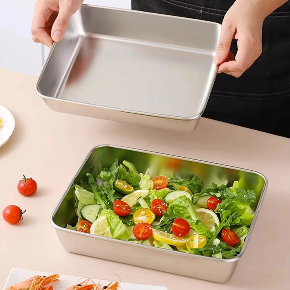 Food Storage Pan Thickened Square Plate Stainless Steel Rectangular Food Storage Pan With Lid Commercial Dish Tray Freshing Lunch Box Container