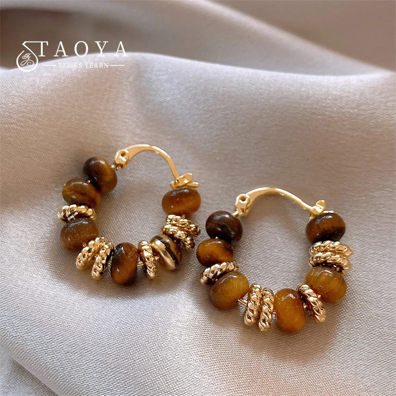 Französisch Vintage Tigerauge Stein Perlen Gold Farbe Creolen Modeschmuck Hochzeits feier elegante Accessoires für Frauen