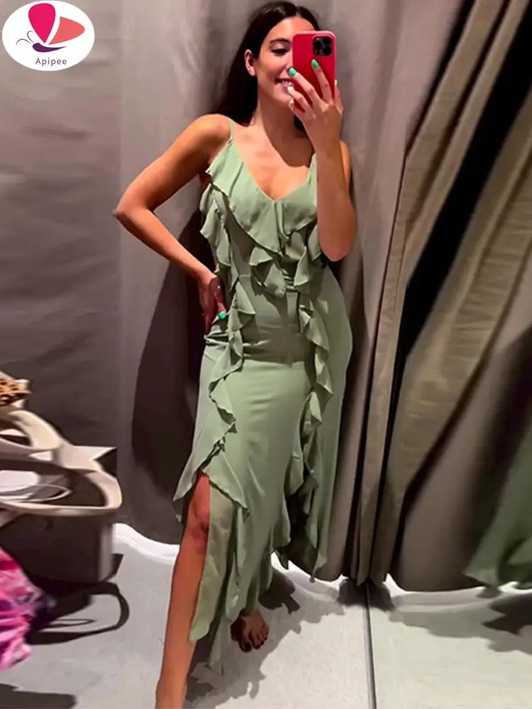 

Женское асимметричное платье на бретельках, привлекательное зеленое платье с V-образным вырезом, без рукавов, с открытой спиной, лето 2023