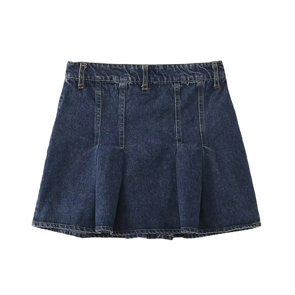 Withered British Fashion Blogger High Street Pleated A-line Denim Skirt High-Waisted Sexy Mini Skirt For Women