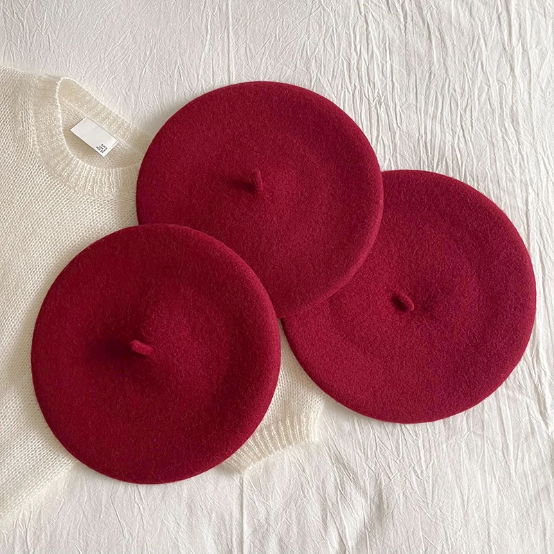 Luna&Dolphin Women 90% Wool Mushroom Berets Autumn Winter Purplish Red Knitting Artist Cap Painter Beanie Hat Sweet Color 2