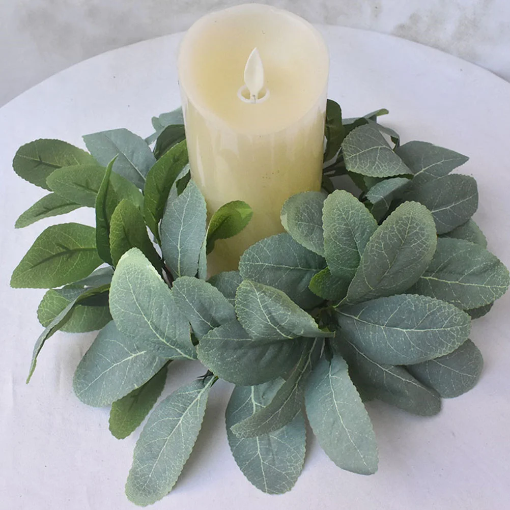 

Spring Table Decoration with Artificial Lambs Ear and Eucalyptus Wreaths and Candle Holders