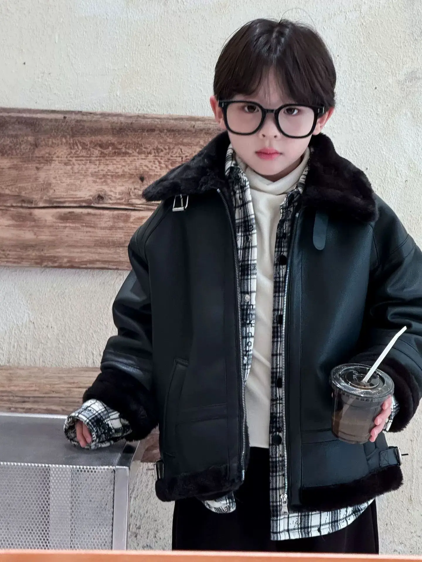 Children's Warm Brown Zipper Jacket Thick Faux Leather Coat Boys Winter New Korean Style Solid Turn-Down Collar Outwears