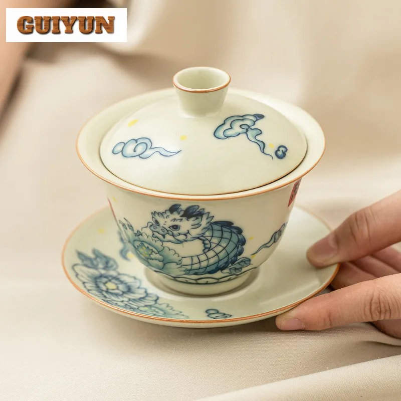 120ml Retro Ru Kiln Non Hot Gaiwan Chinese Wander Dragon Pattern Tea Tureen Ancient Tea Making Cover Bowl Cha Ceremony Gift