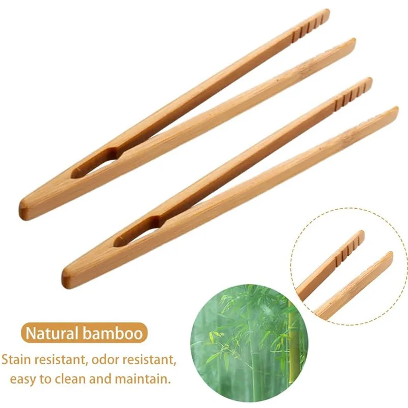 2Pcs Bamboo Wooden Food Toaster Tongs Bamboo Tongs Tea Clip Natural Tweezers for Toast Pickles Tea Cooking Kitchen