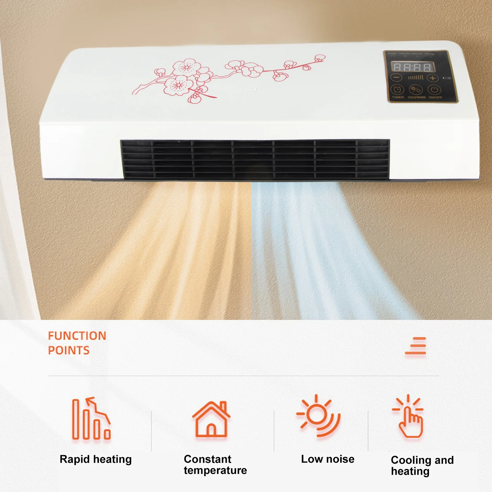 Electric Fan Wall Mount Easy Operation Temperature Protection Timer Heating Fan 1