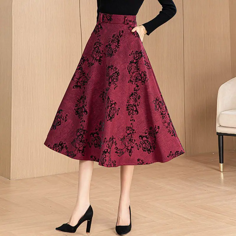 2024 Autumn New Retro Fashion Print Women's Folded Pocket Loose High Waist Elastic A-line Elegant Versatile Mid Length Skirts