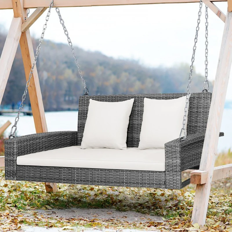 

2-Person Patio PE Wicker Hanging Porch Swing Bench Chair Cushion 800 Pounds Outdoor Garden Double Swing Chair