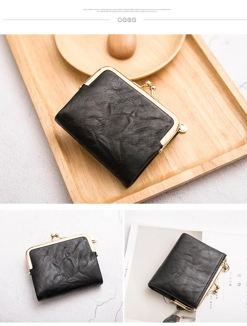 Neue Clip Damen Zero Wallet Retro Multifunktionale Doppelfalt-Lederbrieftasche mit mehreren Kartenfächern, Reißverschluss und Kussverschluss. – Detail 17