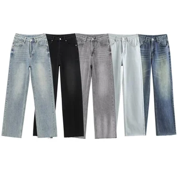 TRAF jean taille haute à jambes larges femme classique tout avec cinq poches jean ultra-long délavé doux confortable 6045022 1