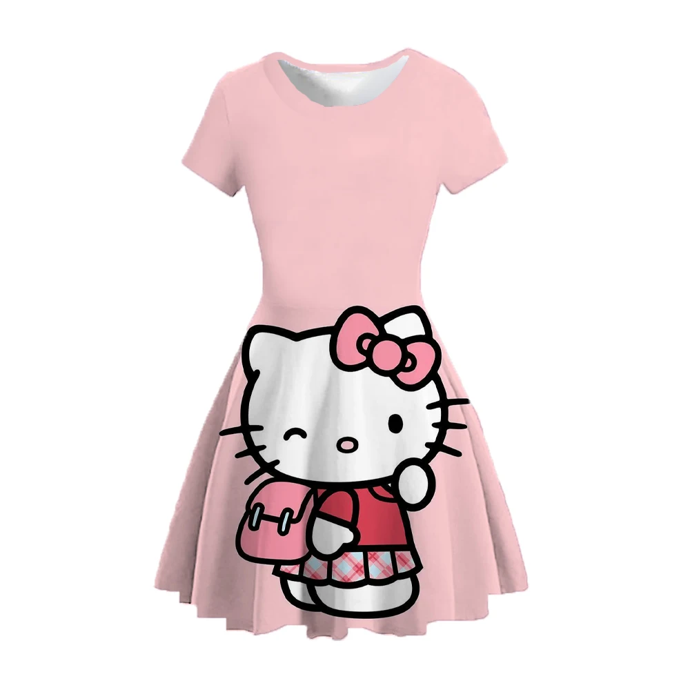 

Women's Summer Printed Round Neck Casual Cartoon Dress Birthday Party Dress Hello Kitty Street Style Birthday Gift Dress