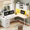 White L Shaped Office Desk, Farmhouse Home Office Desk with Fabric File Drawers and Power Outlet, Corner Gaming Desk with LED 1