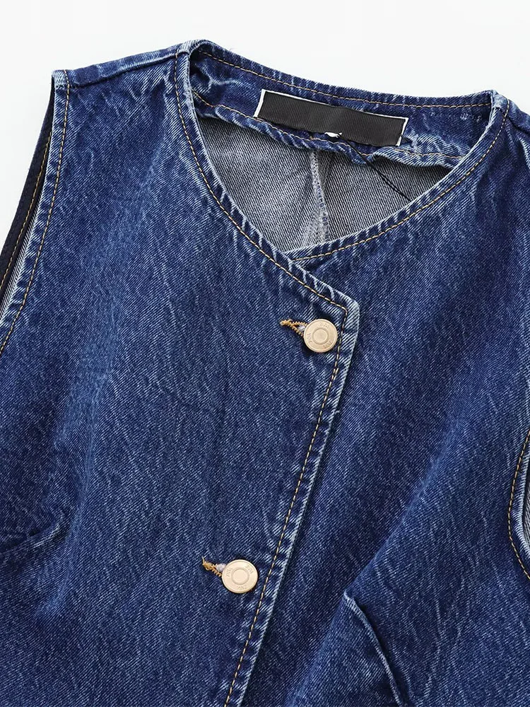 2024 Autumn and Winter New Arrivals Casual All-match Round Neck Sleeveless Blue Slim Waist Denim Vest 3