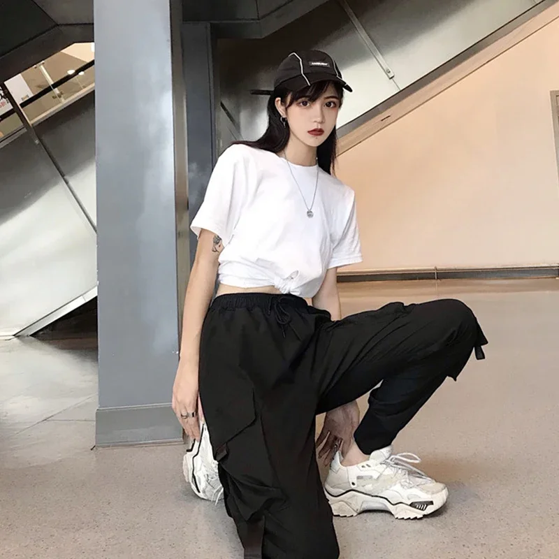 2024 Harajuku Loose Women Black Pants Hip Hop High Waist Elastic Baggy Trousers Big Pocket Woman Cargo Pants