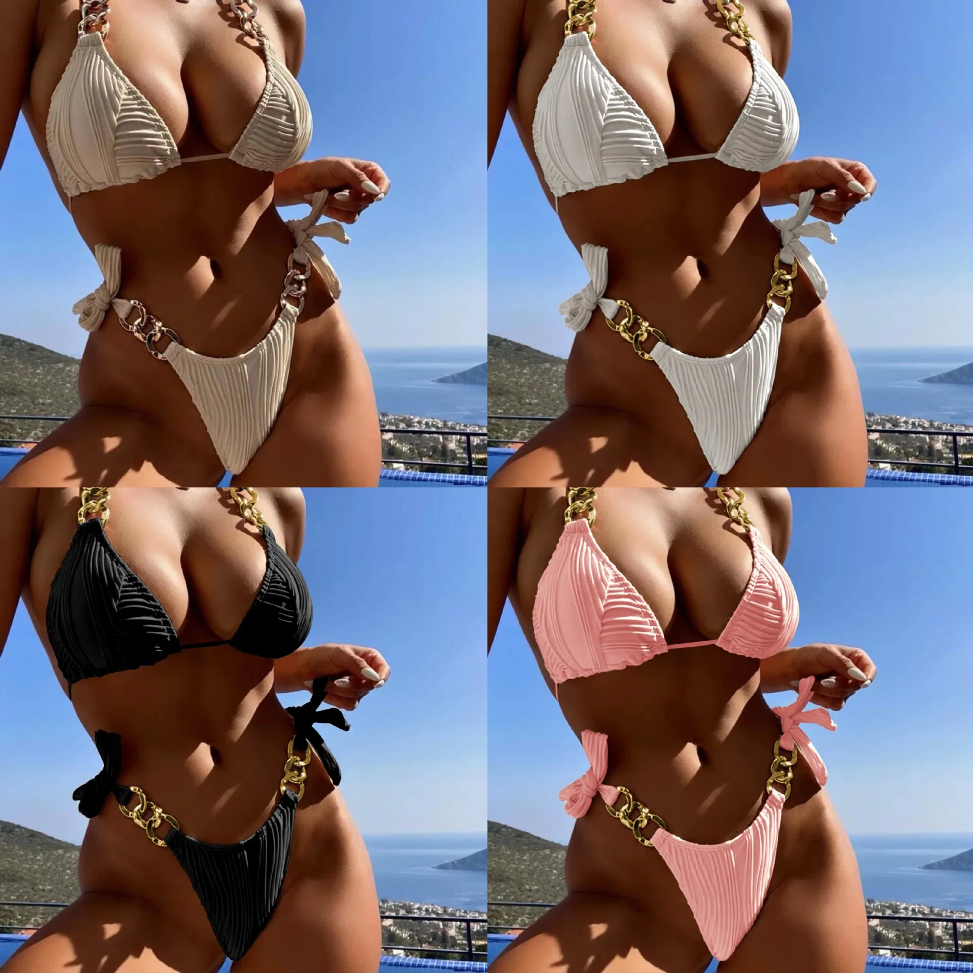 

Swimsuit Women New Sexy Chain Bikini Drawstring Split Swimsuit Sexy Bikini Beach Style Bathing Suit Bikini Set Highwaist