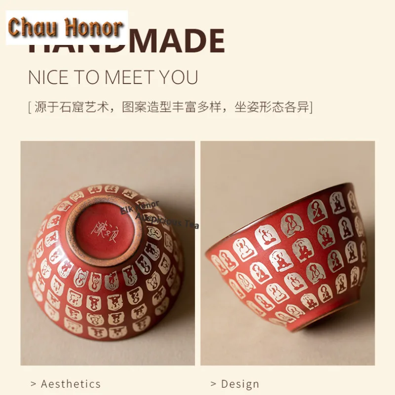 1pc 60ml Cinnabar Red Buddha Teacup Coarse Pottery Tea Bowl Jug Tea-tasting Fragrance Cup Jianzhan Master Cups Tea Ceremony Gift