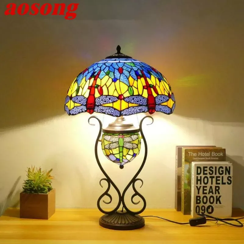 

AOSONG Tiffany Table Lamp American Retro Living Room Bedroom Lamp Luxurious Villa Hotel Stained Glass Desk Lamp