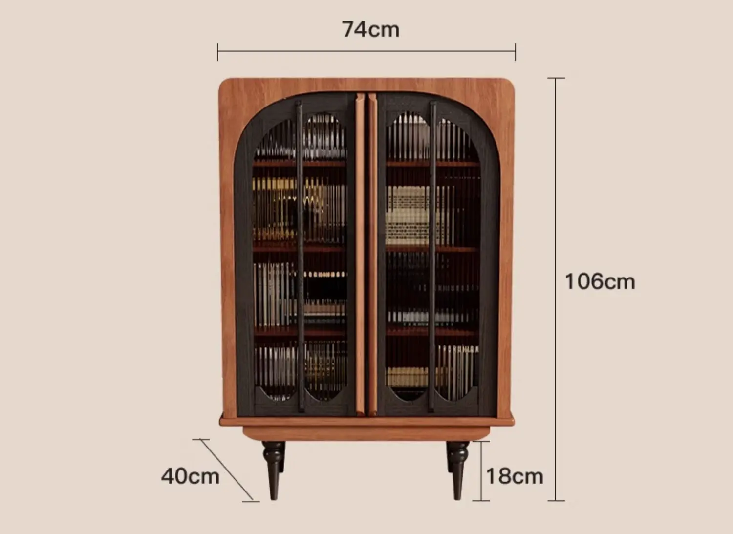 The Antique TV Cabinet Combo Set is a mid-century modern wooden storage cabinet with black mesh doors, four interior shelves, and dimensions of 74 cm (W) x 106 cm (H) x 40 cm (D), with 18 cm high legs.