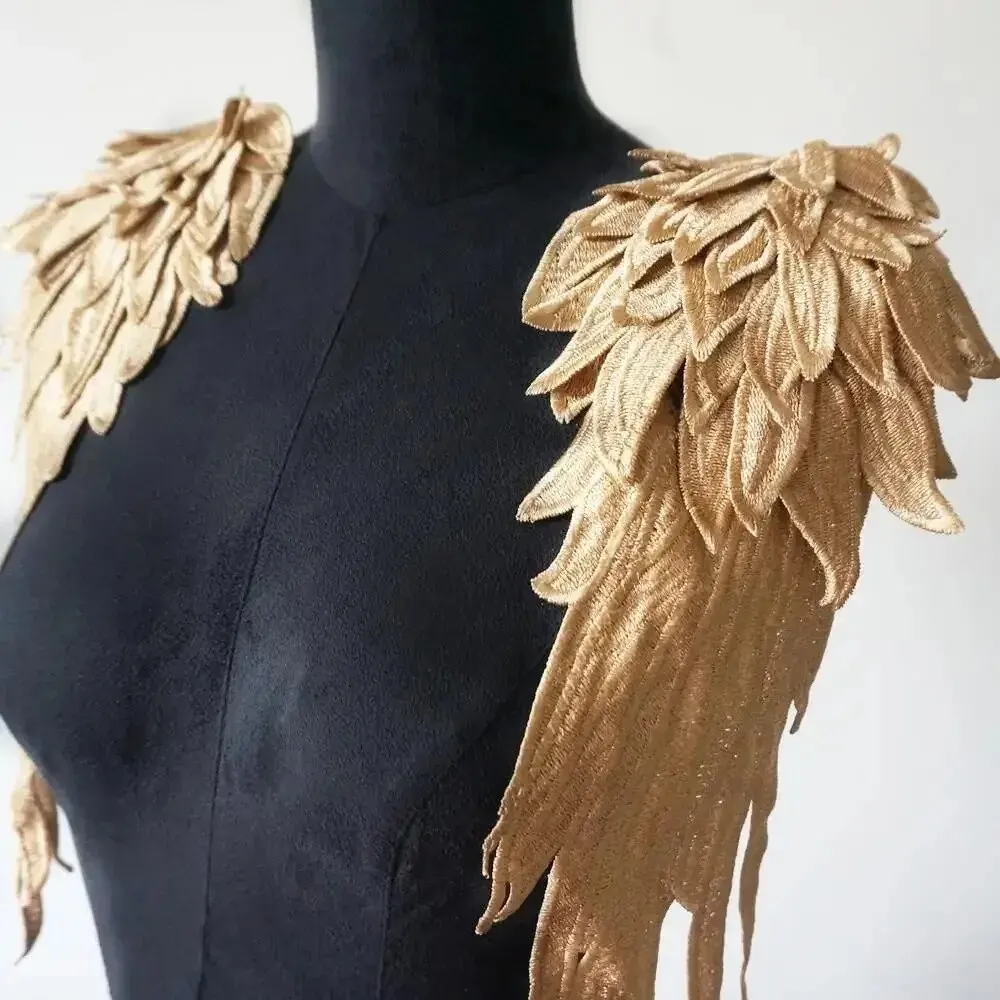 2Pcs 자 수 천사 날개 골드 브라운 Applique 바느질 꽃 칼라 패치 웨딩 파티 가운 신부 드레스 의류 DIY 공예