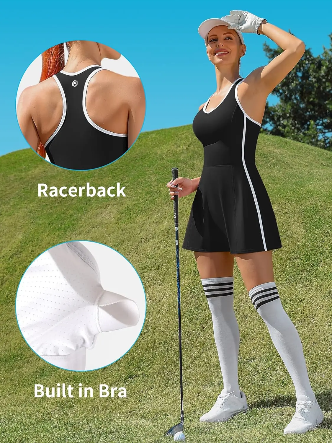 Anfilia Women One-Piece Tennis Dress U Neck Sleeveless Built In Bras High Elastic Racerback Hollow Out Waist With Inner Pockets
