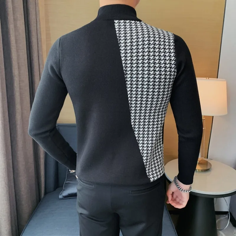 British Style Plaid Knitted Sweater Men's 2024 Spring Autumn Slim Fit Casual Business Pullover Mock Neck Knitwear Men Clothing 4