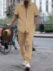 2024 Summer Thin Men's Casual Lapel Solid Color Micro Stretch Shirt Loose Striped Short Sleeve Pants Beach Suit 4