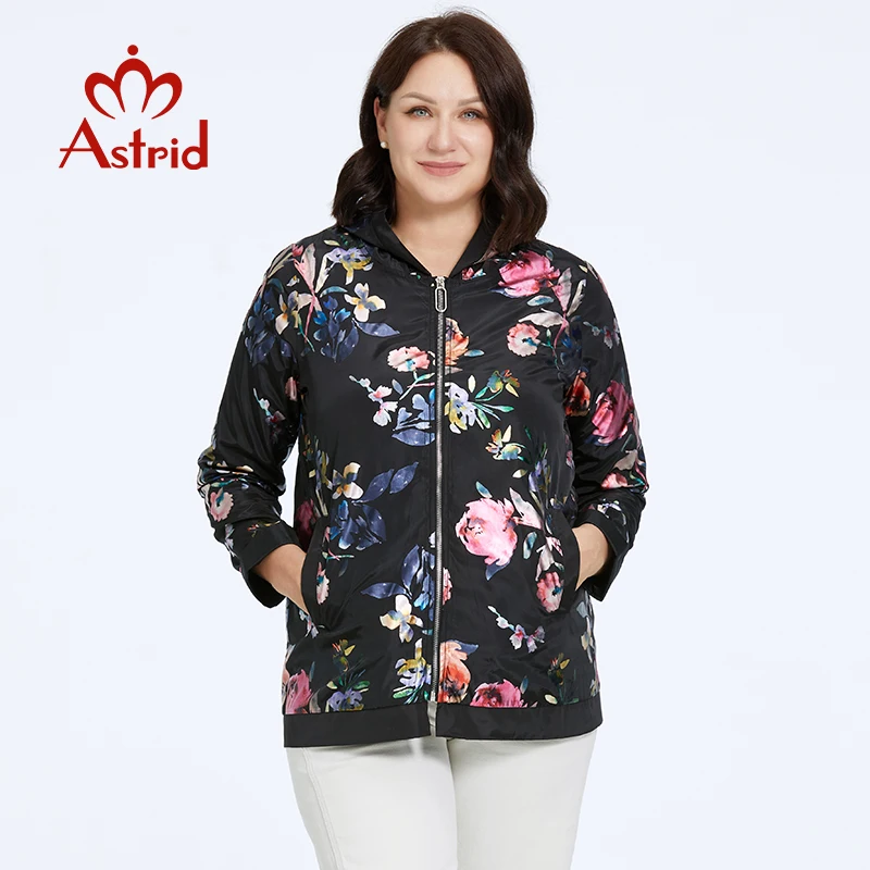 

Astrid Women's Jacket Thin Windproof Coat Oversized Fashion Flower Print Trends Female Windbreaker with Zipper Hooded Streetwear