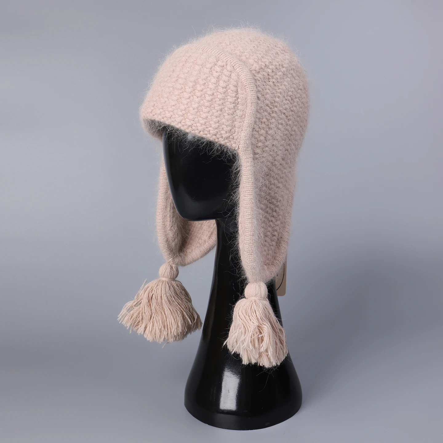 Herbst Winter Outdoor Radfahren Warme Ohr Bommer Kappe mit Kaninchen Fell Weiche und hautfreundliche kältebeständige gestrickte Beanie Cap für Frauen