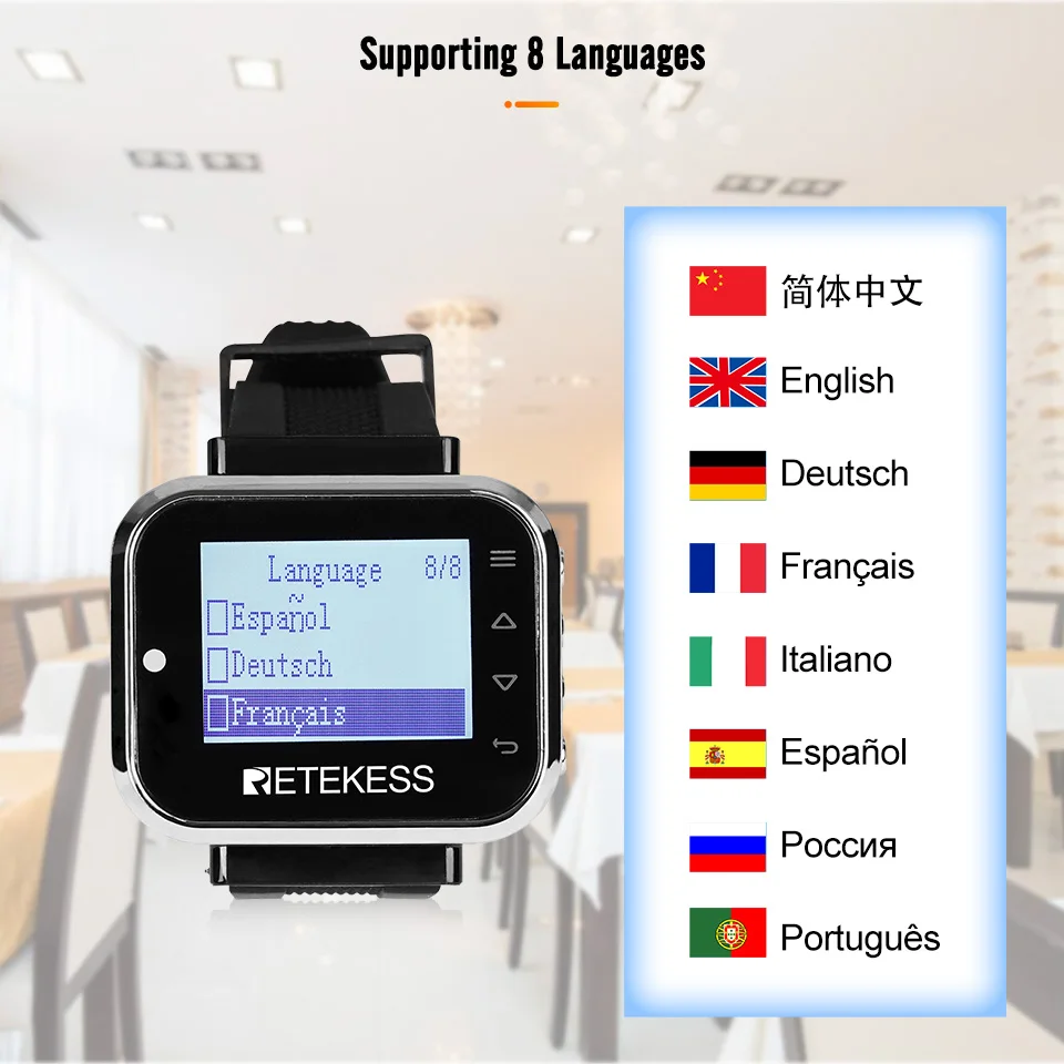 Retekess 5pcs td110 drahtloses Restaurant Pager Kellner Uhr Empfänger 7 Sprachen für Shisha Bar Cafe Hotel Club Kunden service – Detail 7