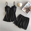 102032-6c83dc.jpg Vêtements de nuit d'été femmes pyjama costume mode col en v Stretch Satin nuisette dentelle Sexy Lingerie pyjamas sommeil ensemble short et haut
