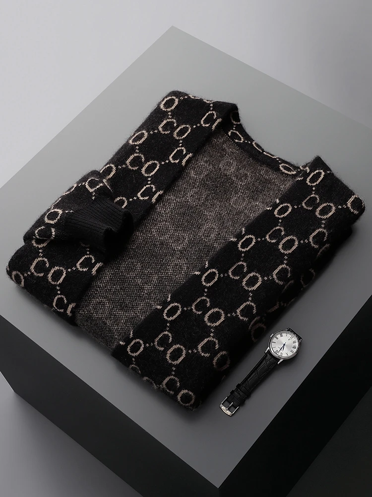 Men 100% Cashmere Sweater Jacquard Cardigan Autumn Winter Thick Cashmere Knitted Coat High Quality Smart Casual Style Clothing 2