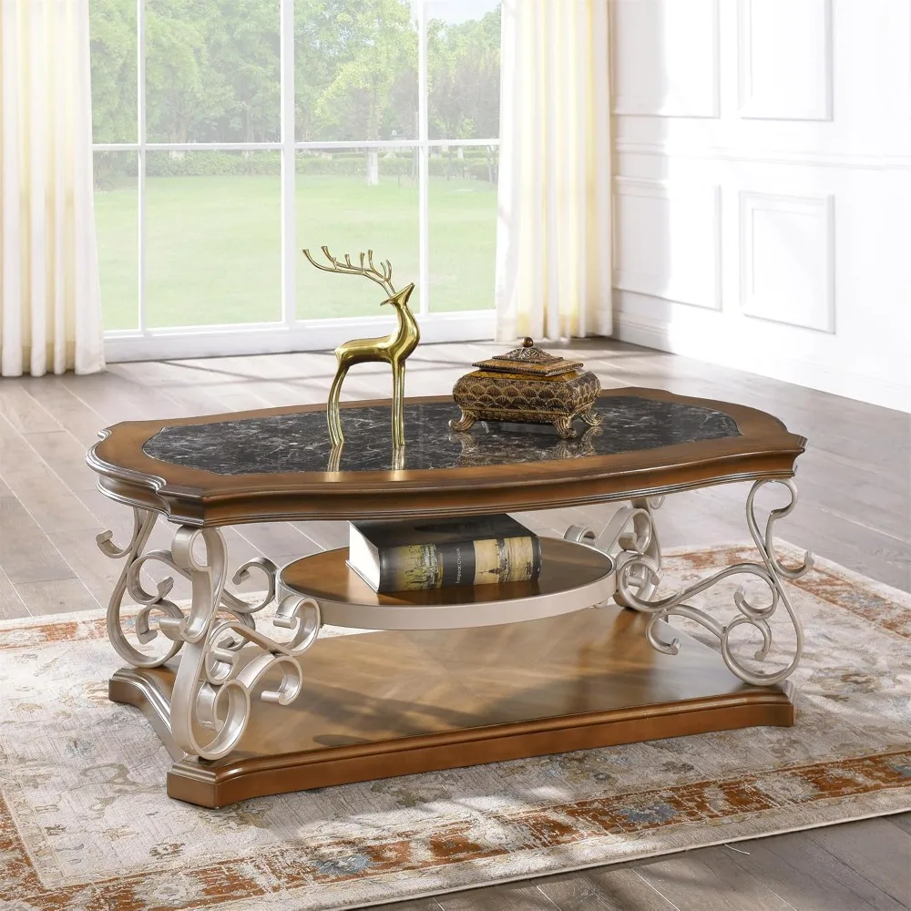 52'' 2-Tier Rectangular Cocktail Table Marble Paper Top Coffee Table with Birch Veneer Middle Shelf and Metal Legs