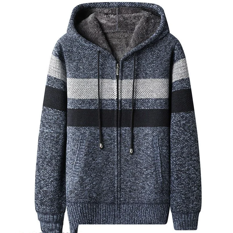 2023 Autumn Winter New Hooded Fashion Long Sleeve Sweater Man High Street Contrast Color Zipper Cardigan Thicken Warm Tops