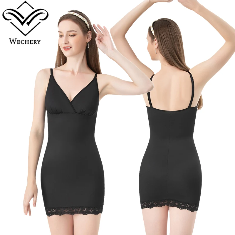 Sexy Cross V neck Slip Dress Full Length Shapewear Women Body Shaper Stretchable Spaghetti Strap Basic Dress Underwear Lace